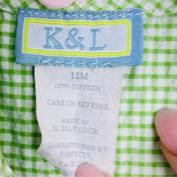 K & L green seersucker collared golf romper. 12 months. - Picture 3 of 4